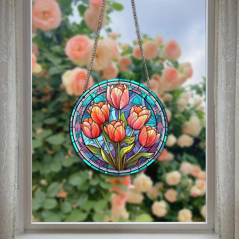 HOTIYOK Red Tulips Flower Acrylic Window Hangings Retro Stained Window & Wall Decor, Ideal Housewarming Gift, Home Decor for Mom, Grandma, Wife, Teacher, Floral Lover - Image 1